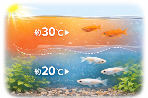 メダカ 水温差 約30℃ 約20℃ 図