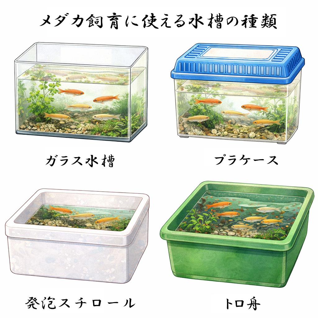 メダカ飼育に使える水槽の種類 ガラス水槽 プラケース 発泡容器 トロ舟