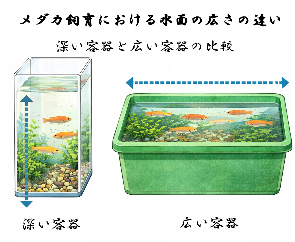 メダカ飼育における水面の広さの違い 深い容器と広い容器の比較