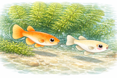 水草背景のオスメダカとメスメダカの無料イラスト